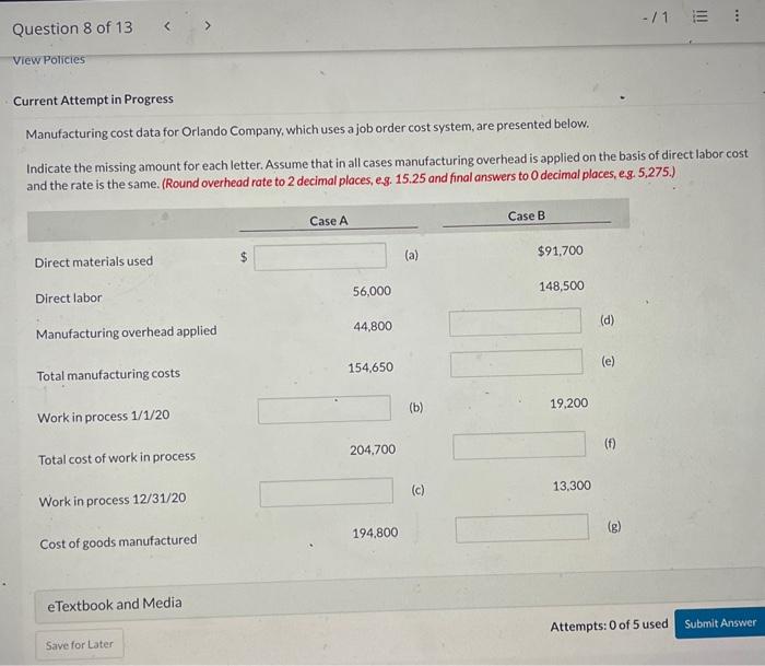 Solved Manufacturing cost data for Orlando Company, which