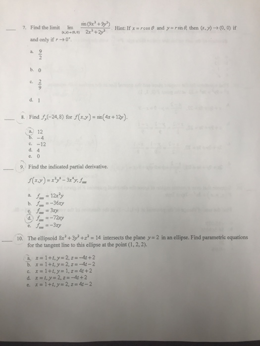 Solved Sin 9x2 9 0 2x2 2y And Y Rsin Find The Limit 7 Chegg Com