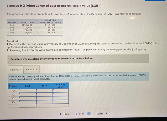 Solved Exercise 9-3 (Algo) Lower of cost or net realizable | Chegg.com