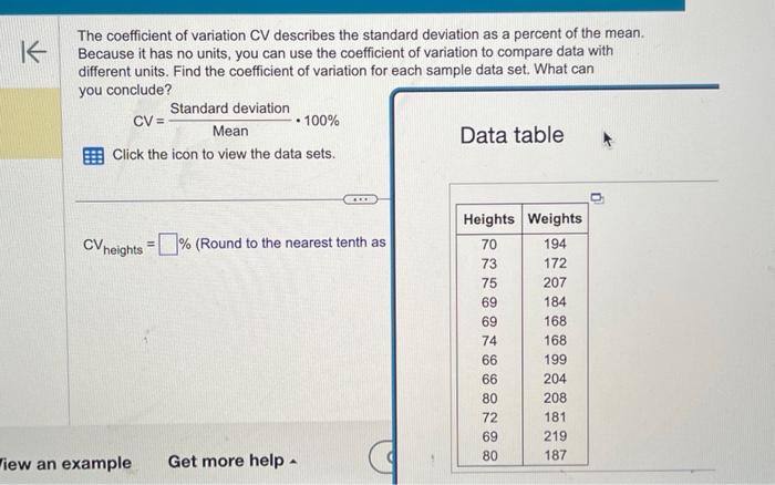 Solved The coefficient of variation CV describes the | Chegg.com