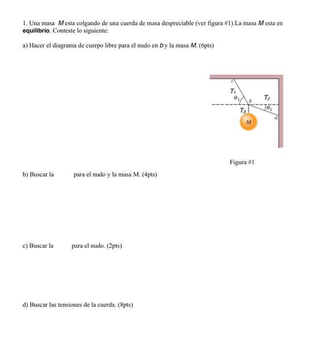1. Una masa \( M \) esta colgando de una cuerda de masa despreciable (ver figura \#1). La masa \( M \) esta en equilibrio. Co