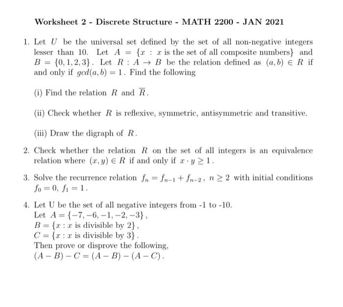 Solved Worksheet 2 Discrete Structure Math 20 Jan Chegg Com