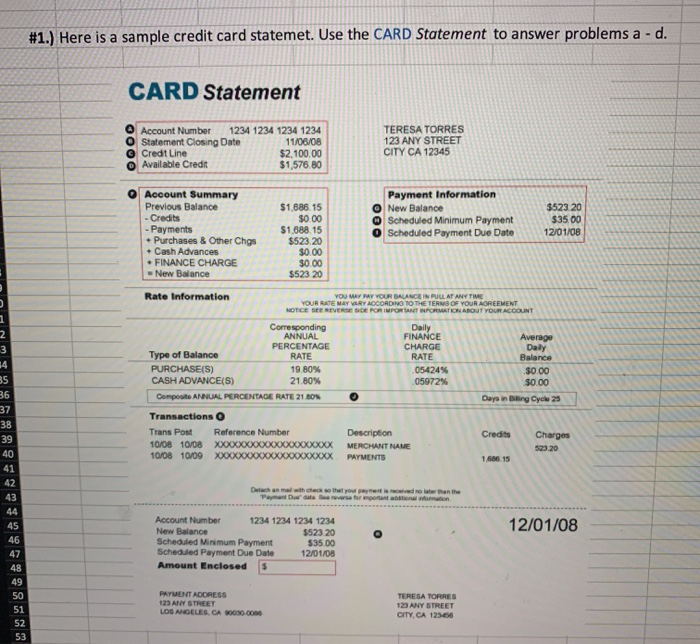 Understanding a credit card statement worksheet answers