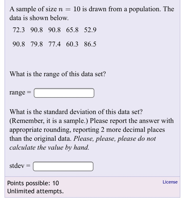 Solved A sample of size n = 10 is drawn from a population. | Chegg.com