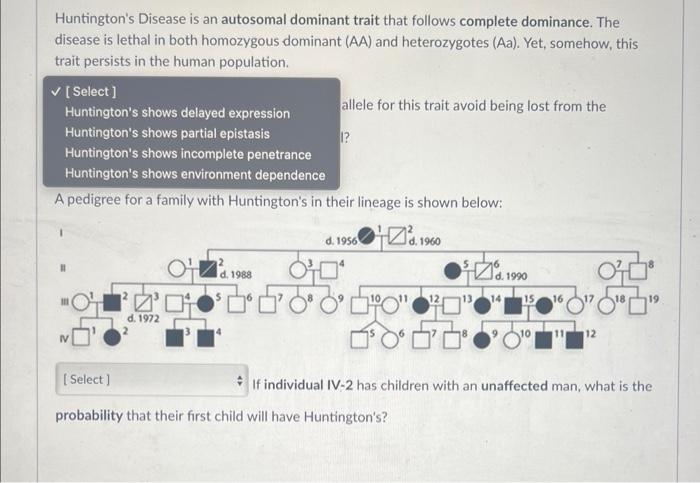 Huntingtons Disease is an autosomal dominant trait that follows complete dominance. The
disease is lethal in both homozygous