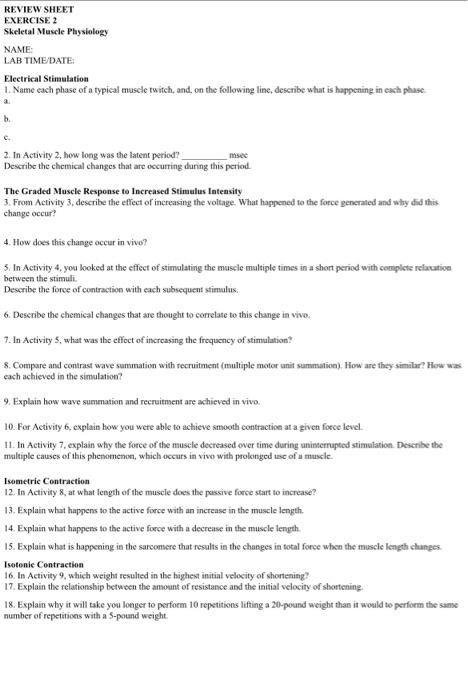 REVIEW SHEET EXERCISE 2 Skeletal Mascle Physiology | Chegg.com
