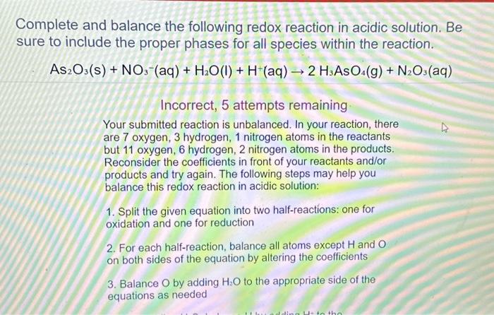 Solved Complete And Balance The Following Redox Reaction In | Chegg.com