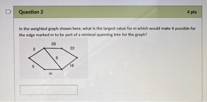 Solved Question 2 4 pts In the weighted graph shown here, | Chegg.com