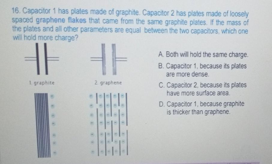 16. Capacitor 1 has plates made of graphite.