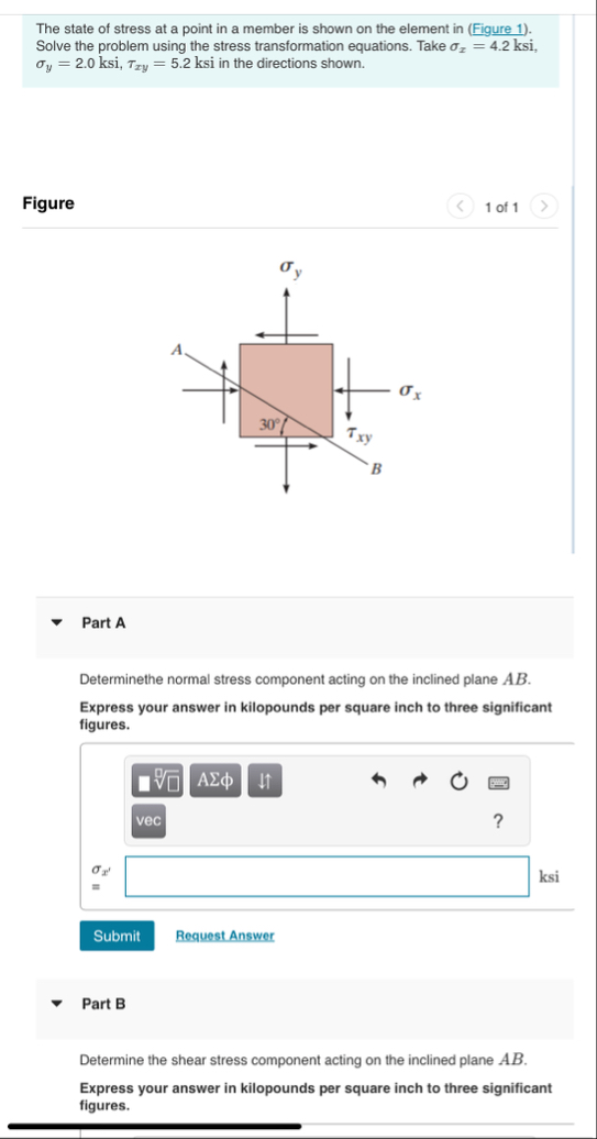 Solved The state of stress at a point in a member is shown | Chegg.com