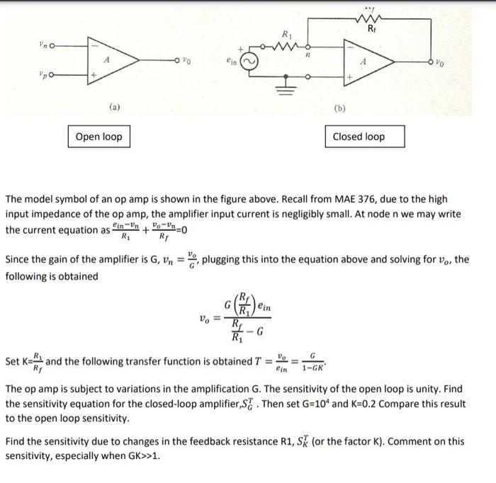 The model symbol of an op amp is shown in the figure above. Recall from MAE 376, due to the high input impedance of the op am