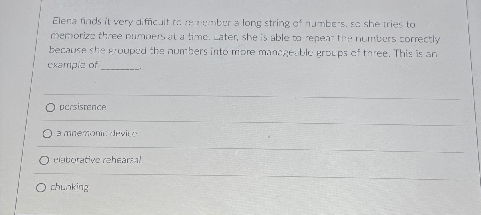 Solved Elena finds it very difficult to remember a long | Chegg.com