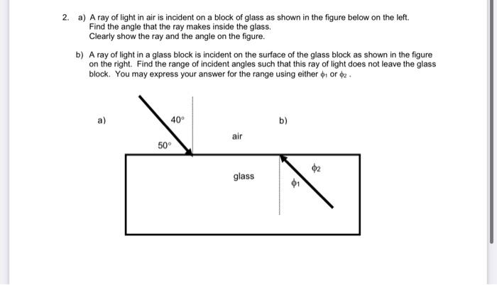 Solved a) A ray of light in air is incident on a block of | Chegg.com