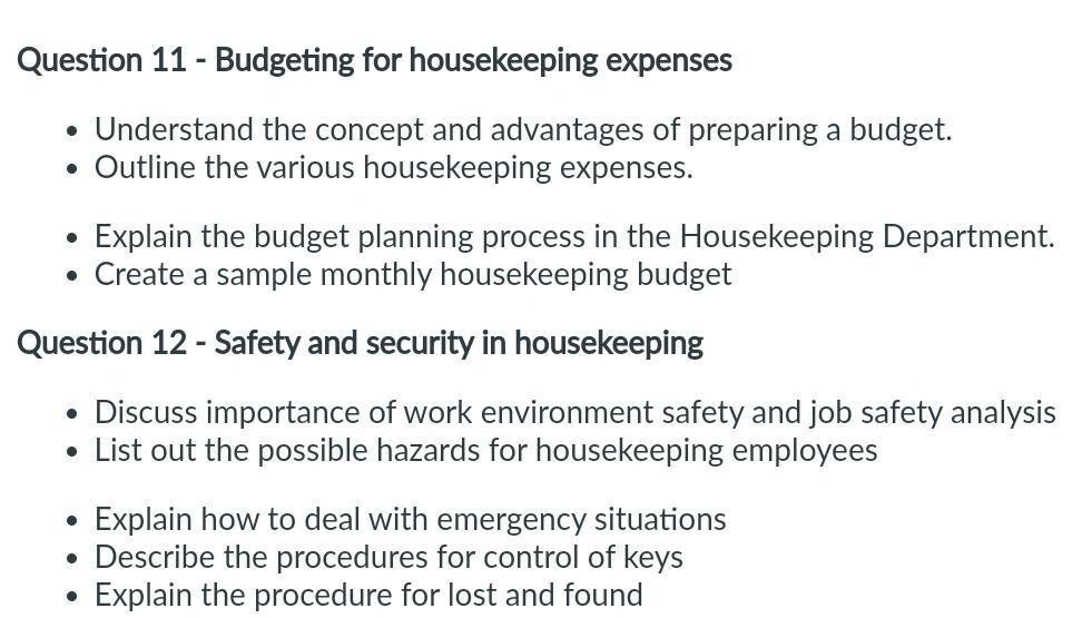 Solved Question 11 Budgeting for housekeeping expenses