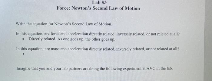 Solved Lab #3 Force: Newton's Second Law Of Motion Write The | Chegg.com