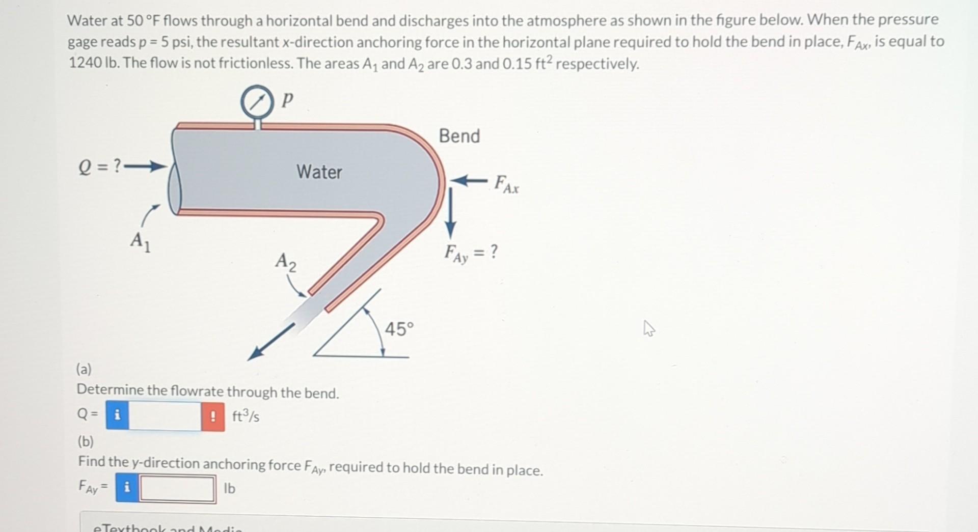 Solved Water at 50∘F flows through a horizontal bend and | Chegg.com