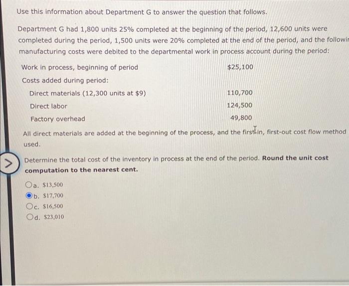 Solved Use this information about Department G to answer the | Chegg.com