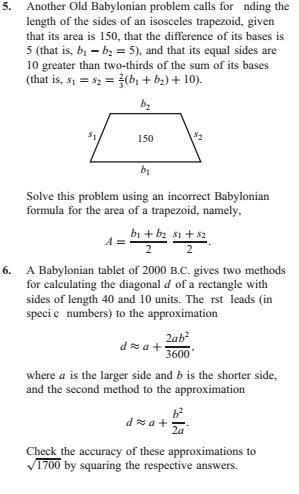 b1-b2=5 s1=s2=23(b1+b2)+10 A=b1+b22s1+s22A Babylonian | Chegg.com