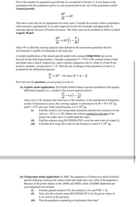 Solved One of the models for population growth that we | Chegg.com