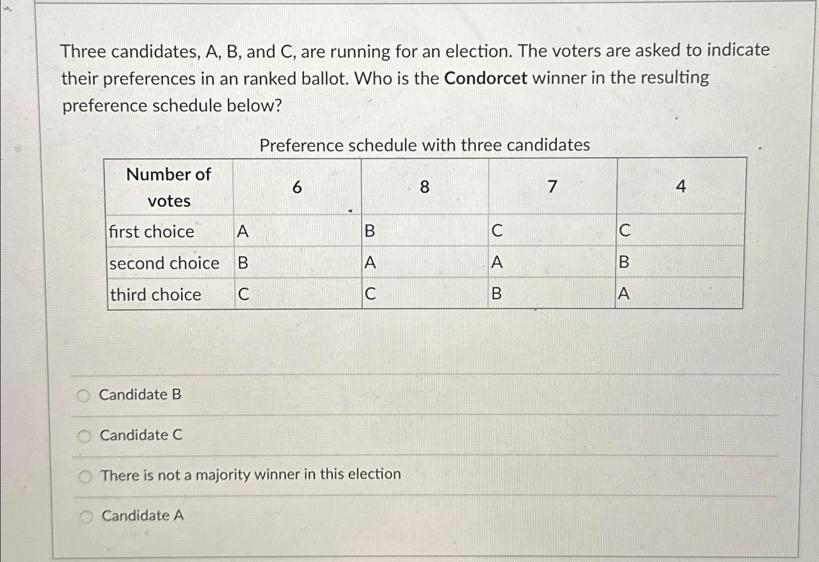 Solved Three Candidates, A, ﻿B, ﻿and C, ﻿are Running For An | Chegg.com