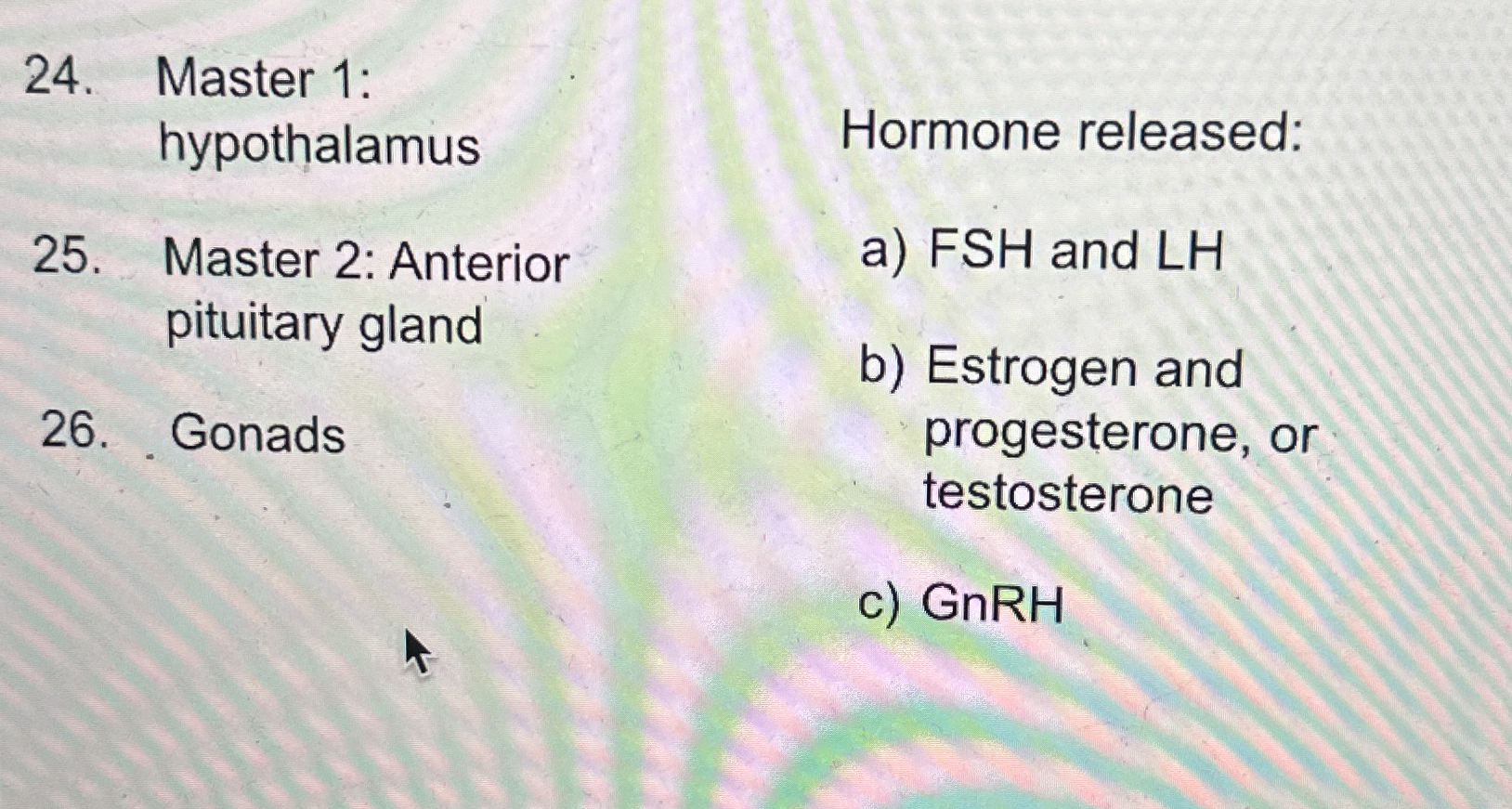 Solved Master 1:hypothalamusHormone released:Master 2: | Chegg.com