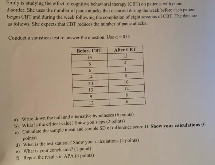 Solved Emily is studying the effect of cognitive behavioral