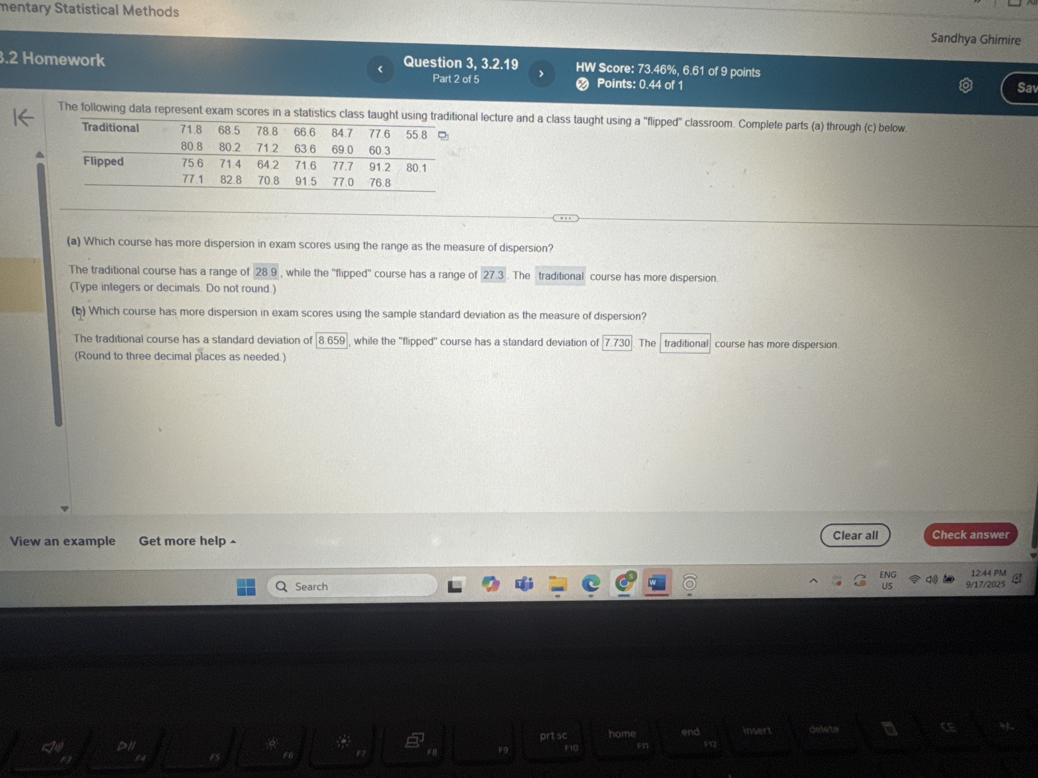 The following data represent exam scores in a | Chegg.com