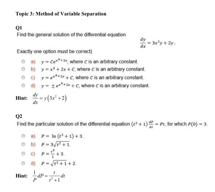 Solved Topic 3: Method of Variable Separation Q1 Find the | Chegg.com