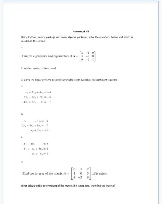 Solved Using Python, Numpy Package And Linear Algebra | Chegg.com