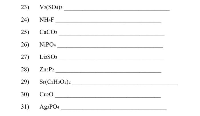 Solved 23) V2(SO4)3 24) NH4F 25) CaCO3 26) NiPO4 27) Li2SO3 | Chegg.com