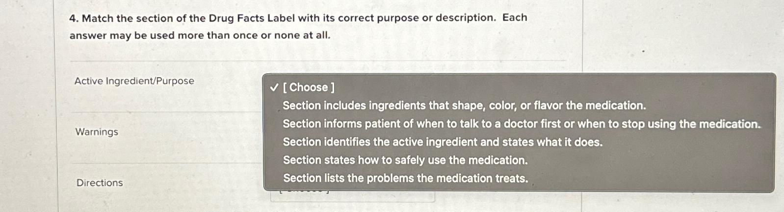 Solved Match the section of the Drug Facts Label with its | Chegg.com
