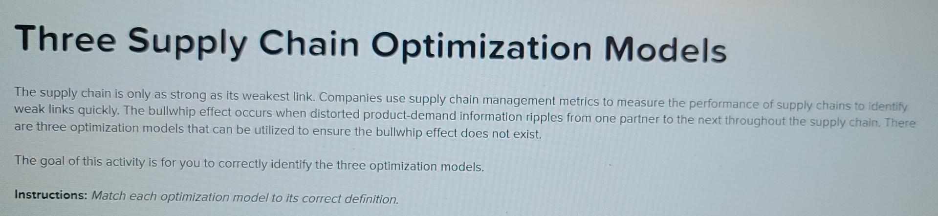 Solved Three Supply Chain Optimization Models Match Each Of | Chegg.com