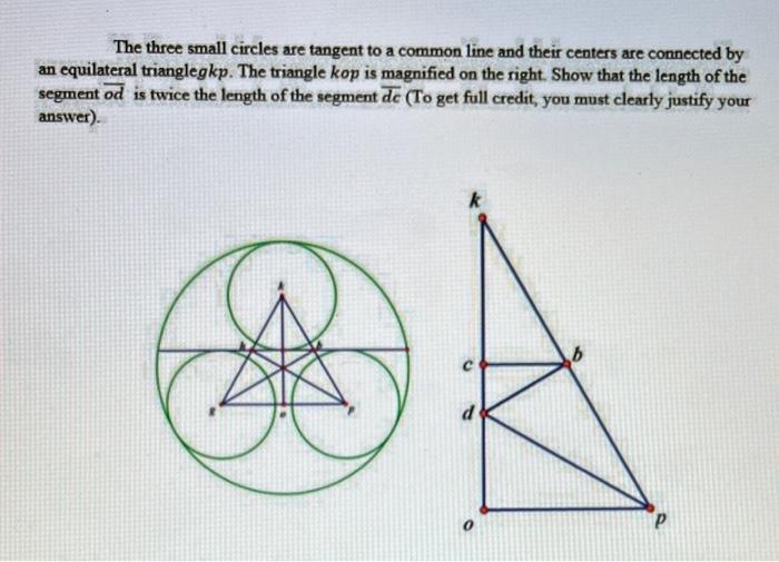 The three small circles are tangent to a common line and their centers are connected by an equilateral trianglegkp. The trian