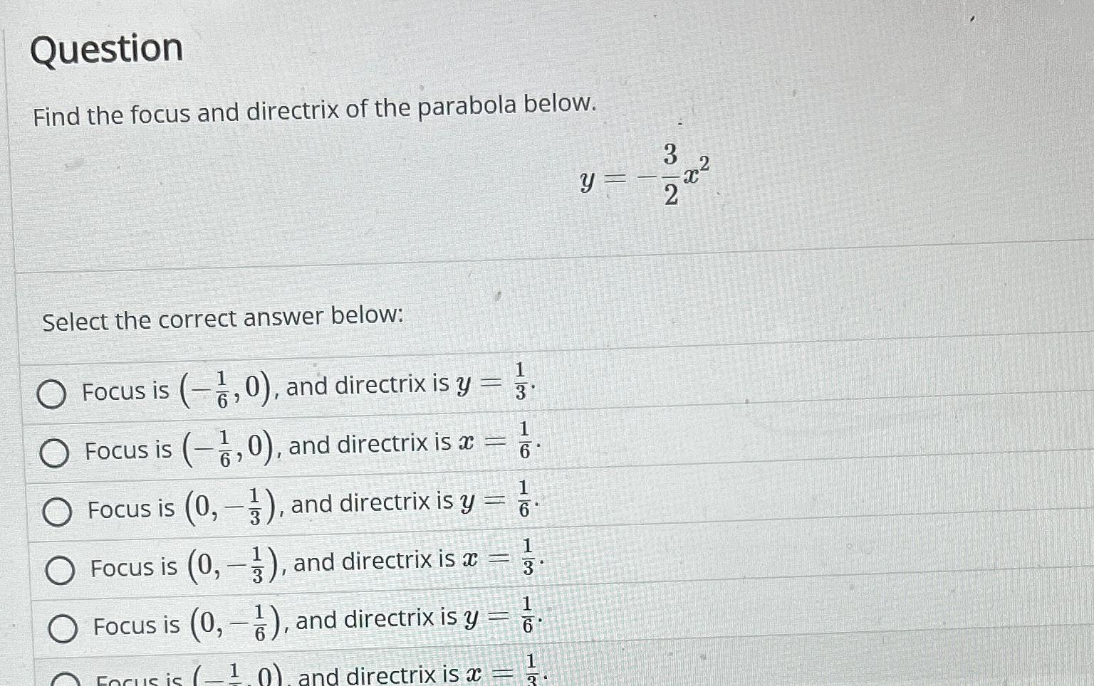 Solved QuestionFind the focus and directrix of the parabola | Chegg.com