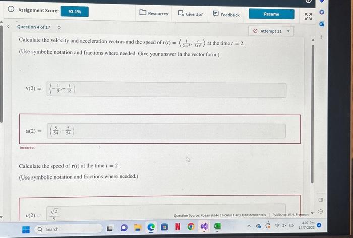Solved Calculate the velocity and acceleration vectors and | Chegg.com