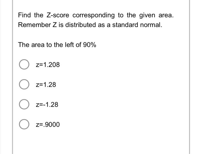 Solved Find the Zscore corresponding to the given area.