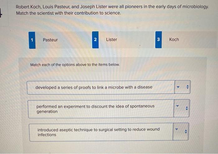 Robert Koch, Louis Pasteur, and Joseph Lister were all pioneers in the early days of microbiology. Match the scientist with t