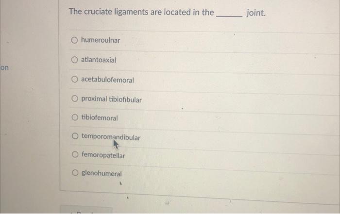 The cruciate ligaments are located in the joint.
humeroulnar
atlantoaxial
acetabulofemoral
proximal tibiofibular
tibiofemoral