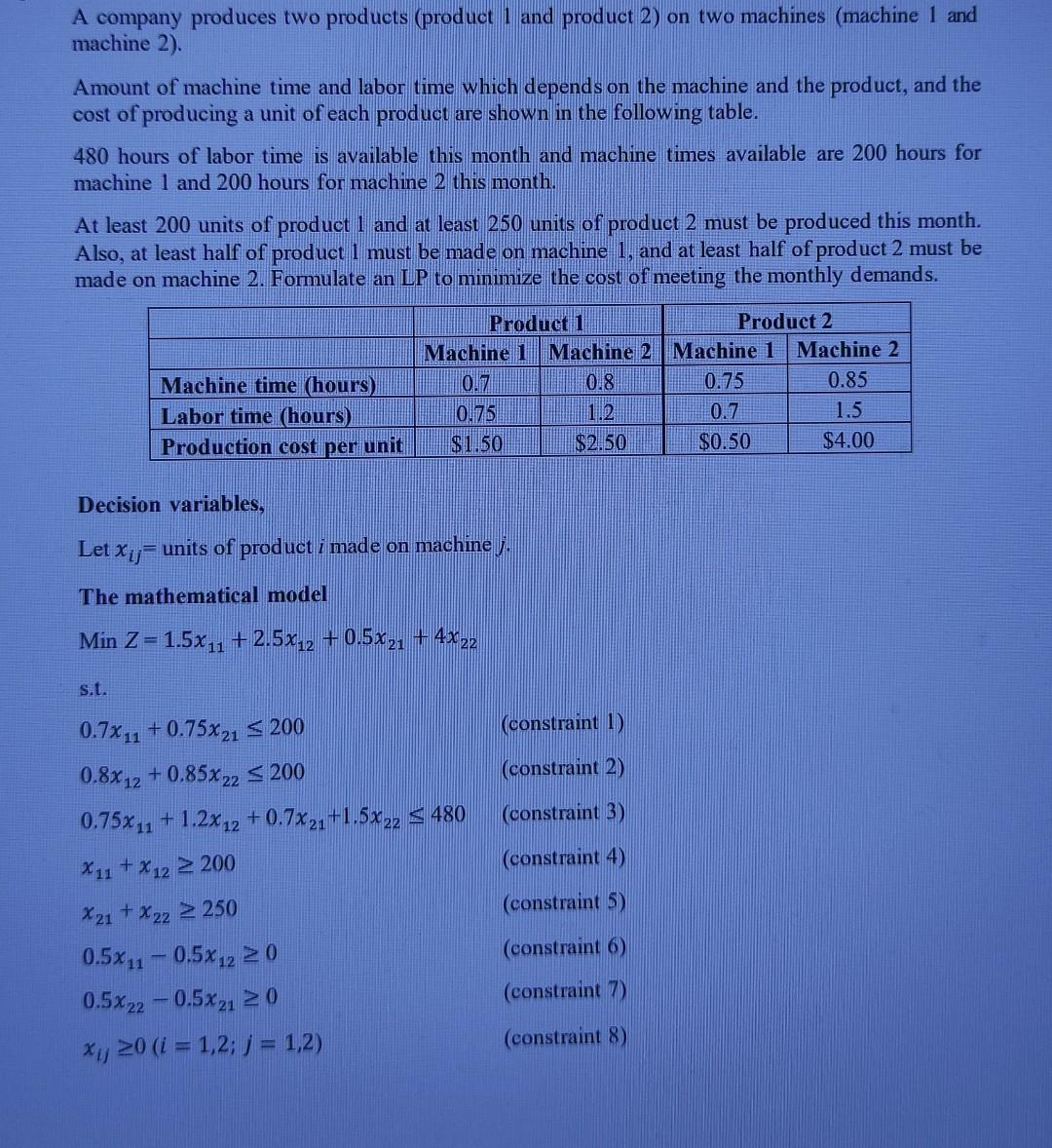 Solved A Company Produces Two Products (product 1 And | Chegg.com