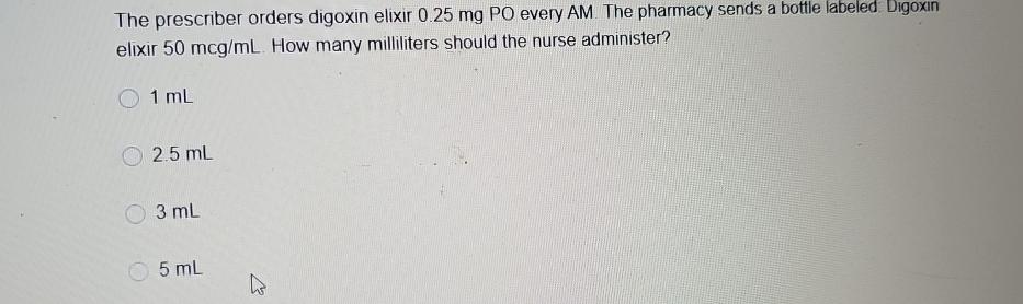 Solved The Prescriber Orders Digoxin Elixir 0.25mg ﻿PO Every | Chegg.com