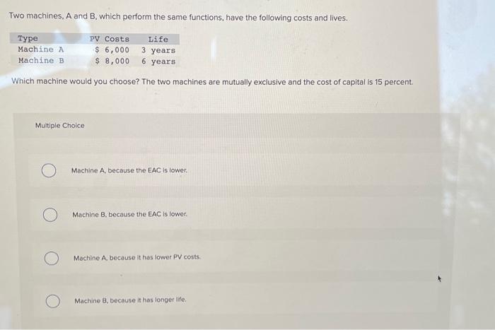 Solved Two Machines, A And B, Which Perform The Same | Chegg.com