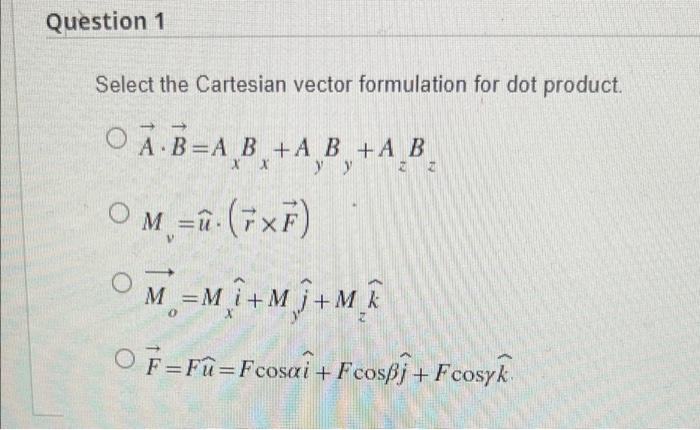 Solved Question 1 Select the Cartesian vector formulation | Chegg.com