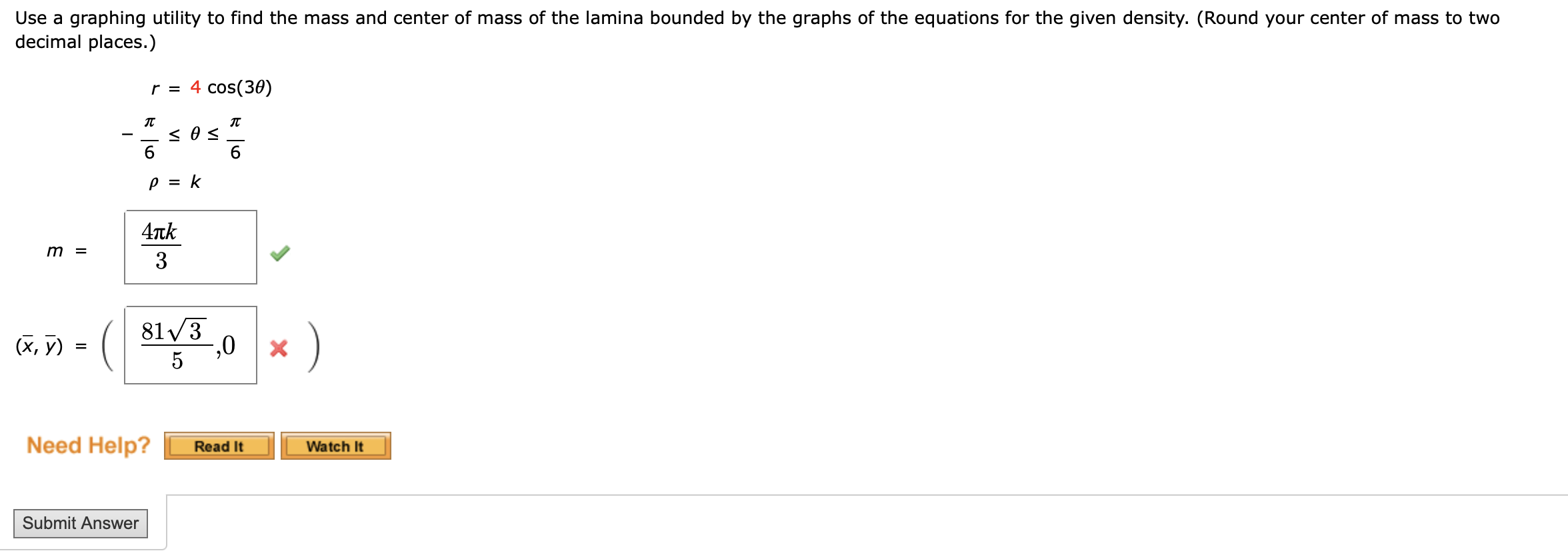 Solved Use a graphing utility to find the mass and center of | Chegg.com