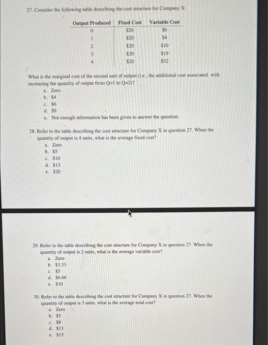 Solved 27. Consider the following table describing the cost | Chegg.com