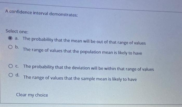Solved A confidence interval demonstrates: Select one: a. | Chegg.com