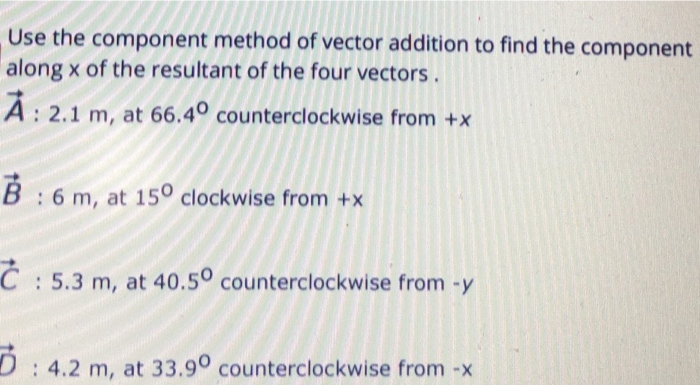 Solved Use the component method of vector addition to find | Chegg.com