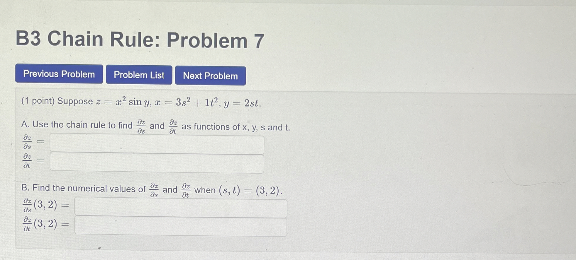 Solved B3 ﻿Chain Rule: Problem 7(1 ﻿point) ﻿Suppose | Chegg.com