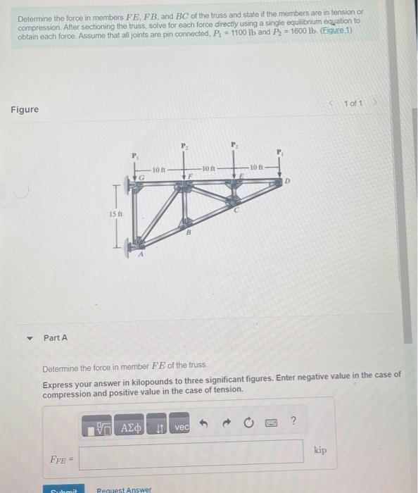 Solved Determine The Force In Members FE,FB, And BC Of The | Chegg.com