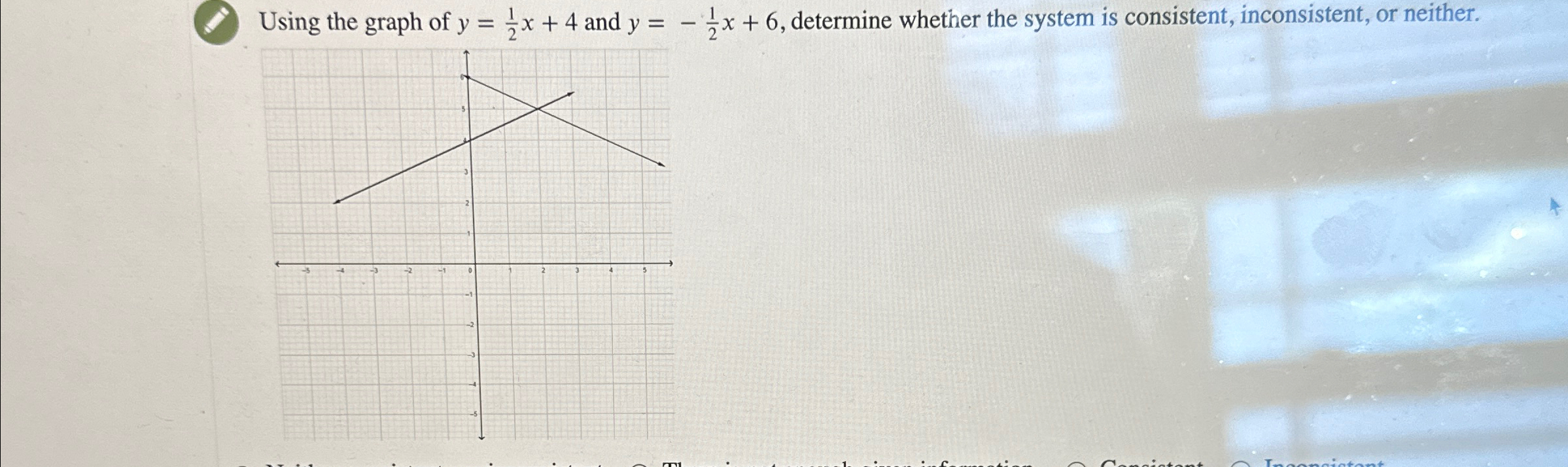 Solved Using the graph of y=12x+4 ﻿and y=-12x+6, ﻿determine | Chegg.com