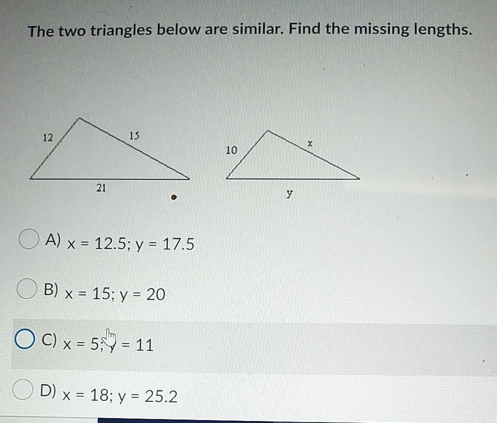 Solved The two triangles below are similar. Find the missing | Chegg.com